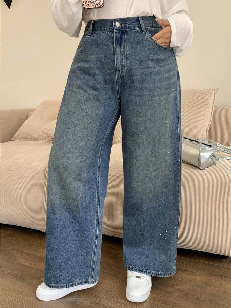 Dazy Petite Plus Loose Straight Sequin Embellished Long Jeans, All Season