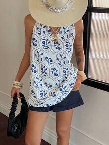 Livesso Women's White And Blue Floral Sleeveless Shirt,Summer Boho Vacation Holiday Casual Beach Outfits For Music Festivals,Valentine's Day,Weddings - Beige - View 3