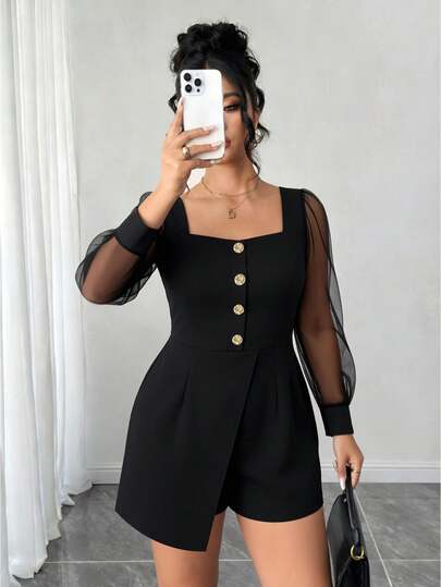 Elenzga Plus Size Women's Solid Color Metal Button Mesh Patchwork Asymmetric Hem Jumpsuit