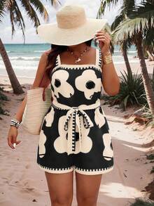 SHEIN LUNE Jumpsuit Kasual Tanpa Lengan Ukuran Besar untuk Wanita dengan Penonjolan Pinggang & Motif Bunga, Cocok untuk Liburan Musim Semi/Panas - MultiWarna - View 3
