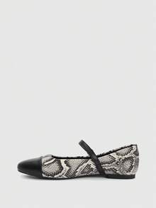 CUCCOO BIZCHIC Women's Snake Print Buckle Round Head Mary Jane Flat Shoes - White and Black - View 4