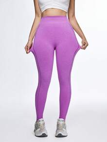 SHEIN Women's Fuchsia Seamless Sculpting Leggings,High-Waist Compression Laser-Cut Ventilation Contour Texture 3D -Lifting Squat-Proof Workout Leggings - Pink - View 4