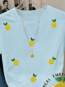 Resyla 女士休闲落肩圆领T恤，柠檬印花T恤，水果T恤 - 薄荷藍 - 查看 3