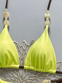 Swim Vcay Bộ bikini 2 mảnh màu be xuyên thấu, dây mảnh, cổ yếm, cạp cao, đính hạt cườm, kiểu dáng xuân/hè 2026 dành cho nữ. - Màu vàng - Xem 5