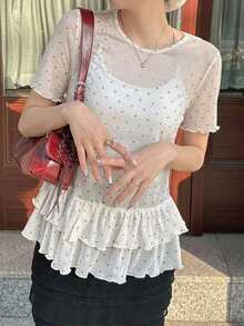 FRIFUL 女士夏季休闲度假波点印花层叠荷叶边薄纱衬衫 - 白色 - 查看 7