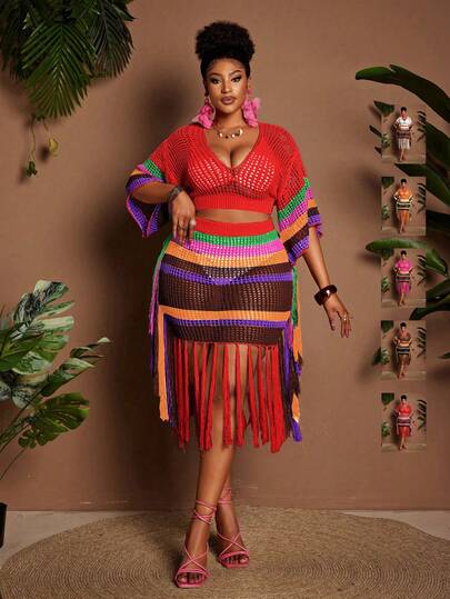 Maweii Plus Size Women's Knitted 2-Piece Set, Multi-Color, Multicolored, Short-Sleeved Top + Mini Skirt, V-Neck, Tassel, Vacation, Seaside, Sexy, Loose, Flowing, Hot Girl, Women's Outing, Women's Knitted Set, Women's Clothing, Summer, Spring, Swimsuit, Thin Swimsuit, Knitted Swimsuit