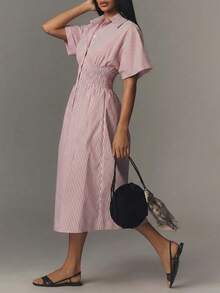 Radiana Summer Casual Chic Striped Waist Cinching Shirt Dress, Striped Dress, Long Dress, Waist Cinching Dress, Shirt Dress, Vacation Dress, Suitable For Casual Outings, Urban, Commute, Dates, Gatherings, Tea Parties, Island Getaways, Beaches, Holidays - Red and White - View 5