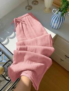 Comfortcana Calça feminina casual minimalista de cor sólida com tecido texturizado, cintura ajustável e pernas largas. Calça feminina de verão em algodão. Calça feminina confortável em algodão. Calça feminina de pernas largas em algodão. Calça feminina de cintura alta em algodão. Calça feminina folgada em algodão. Calça feminina bufante em algodão. Calça feminina confortável em algodão. Calça feminina rosa em algodão. Calça feminina com cintura elástica. Calça feminina casual. - Rosa Empoeirado - Ver 5