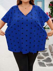 SHEIN CURVE+ Áo thun cỡ lớn CURVE PLUS /Ngày Valentine/Áo thun mùa xuân và mùa hè xếp bèo hình trái tim, Áo thun ngày Valentine - Màu xanh lam - Xem 7