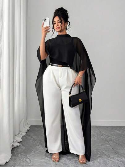 Elenzga Plus Size Women's Elegant Commuter Black Chiffon Shawl Blouse, Spring/Summer