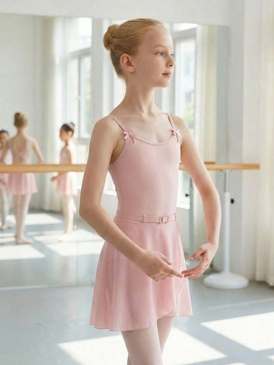 Tween Girls' Pink Minimalist High Stretch Fabric Sleeveless Leotard With Bow Tie And Mesh Cutout, Suitable For School, Professional Training, Ballet, Gymnastics, Dance Studio Practice - Pink - View 1