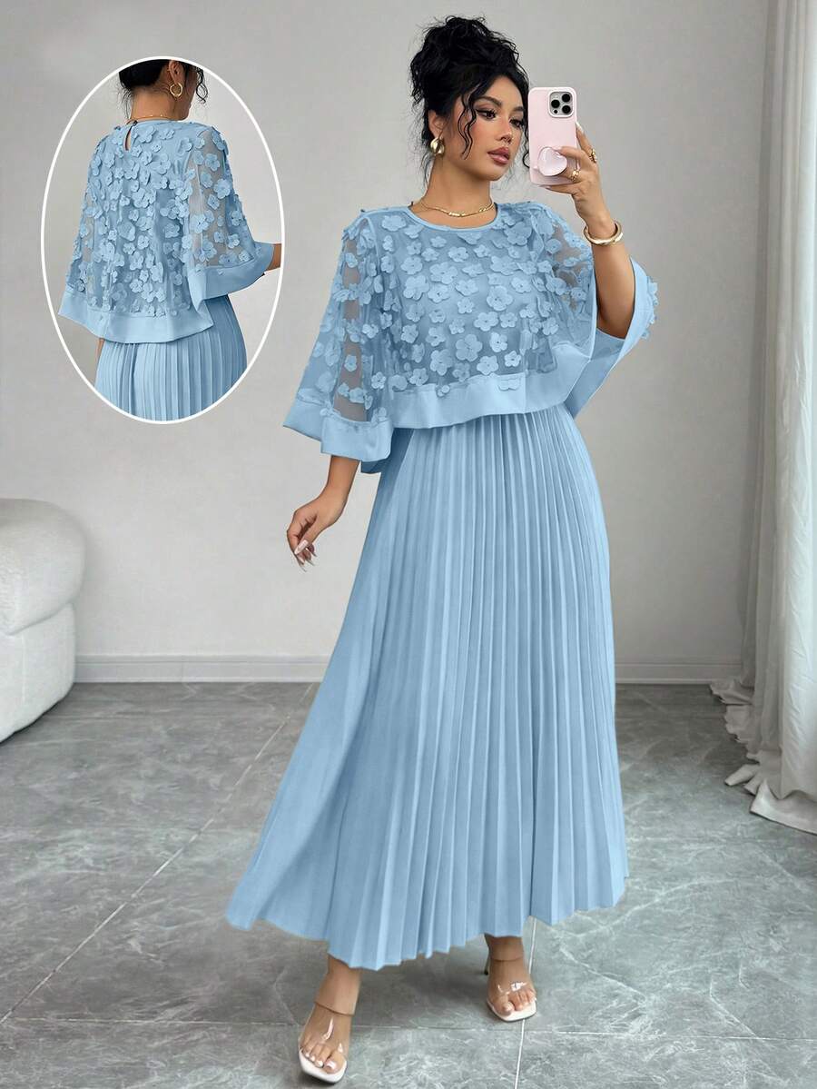 Elenzga Women's Autumn Wedding/Birthday Party Applique Mesh Ruffle Hem Cape Dress - Baby Blue - View 1