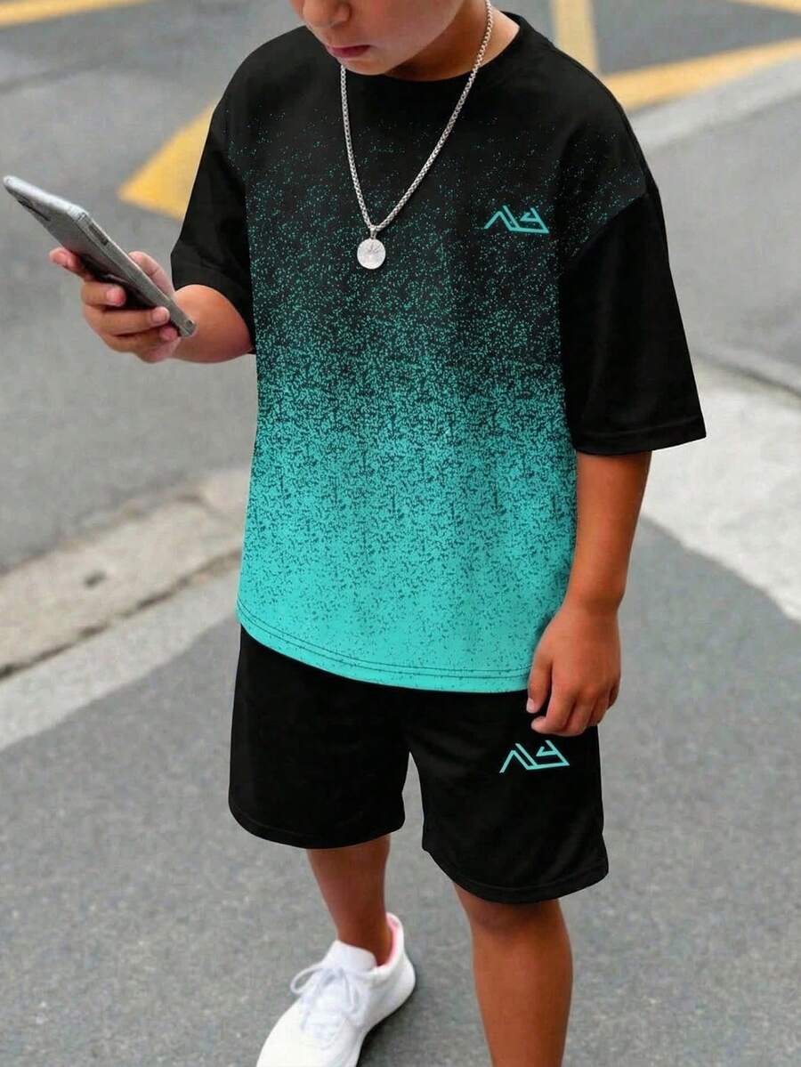青少年男童休闲简约时尚百搭扎染运动宽松舒适圆领短袖T恤套装,适合春夏穿着,街头风、跑步、篮球、足球等运动。 - 彩色 - 查看 1