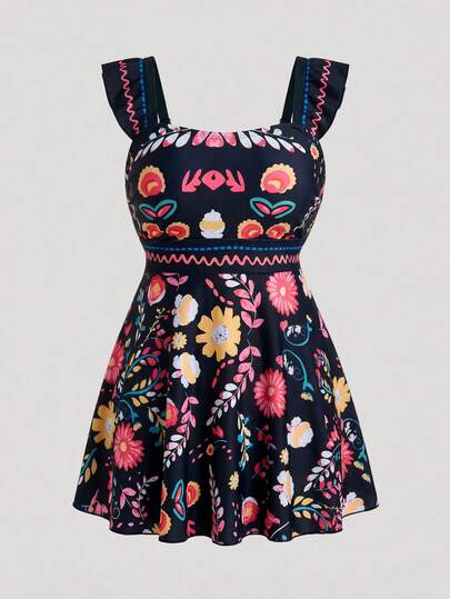 Sweetra CURVE Plus Size Elegant Resort Print Tankini Top Bikini For Summer Beach Vacation