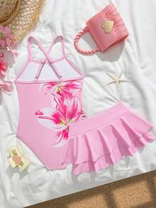 SHEIN 女童连体泳衣，随机花卉印花 - 淺粉色 - 查看 2