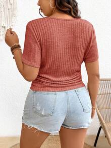 SHEIN Frenchy Plus Size Women Casual Ribbed Square Neck T-Shirt - Orange - View 2