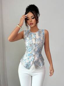 Elenzga Áo sơ mi không tay Jacquard vàng hở phía trước dành cho nữ, làm thon gọn và định hình vòng eo, áo cánh Jacquard họa tiết thanh lịch kiểu Pháp - Màu xanh lam - Xem 7