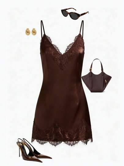 GlowEve 女士优雅纯色蕾丝拼接吊带迷你连衣裙