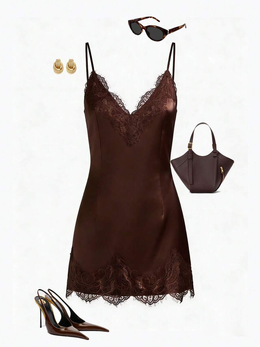 Qadelle Rochie mini elegantă pentru femei, cu imprimeu de dantelă, în culori solide, cu bretele spaghete - Maro - Vizualizare 1