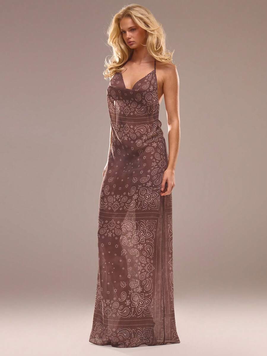 MUSERA Đầm maxi cổ đổ chéo yếm họa tiết Paisley, thích hợp cho kỳ nghỉ hè, đi biển, Ibiza, lễ hội, thanh lịch, Cherry Moon. - Nhiều màu - Xem 1