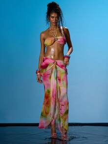 MUSERA Halterneck Tie Up Gold Trim Bralette With Dipped Ruched Draped Waist Maxi Skirt Coord Sold As Set Summer Sexy Going Out Beach Holiday Ibiza Club Tropical Fever - Multicolor - View 5