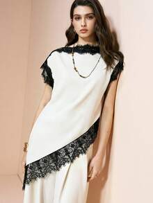 Arave Women's Contrast Lace Asymmetric Hem Fashionable Blouse - Multicolor - View 1