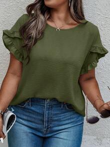 EMERY ROSE Plus Size Women Summer Casual Commuting Solid Color Ruffle Petal Sleeve Loose Blouse Latest Tops For Women New Arrivals Affordable Tops For Women Blouse For Women Casual Blouse For Women Casual Elegant Plain Tops For Women Blouses For Women - Army Green - View 4