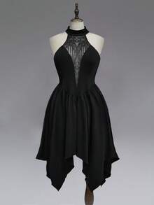 ROMWE Gothic Style Off-Shoulder Mesh Patchwork Deep V-Neck Asymmetrical Hem Dress - Black - View 1