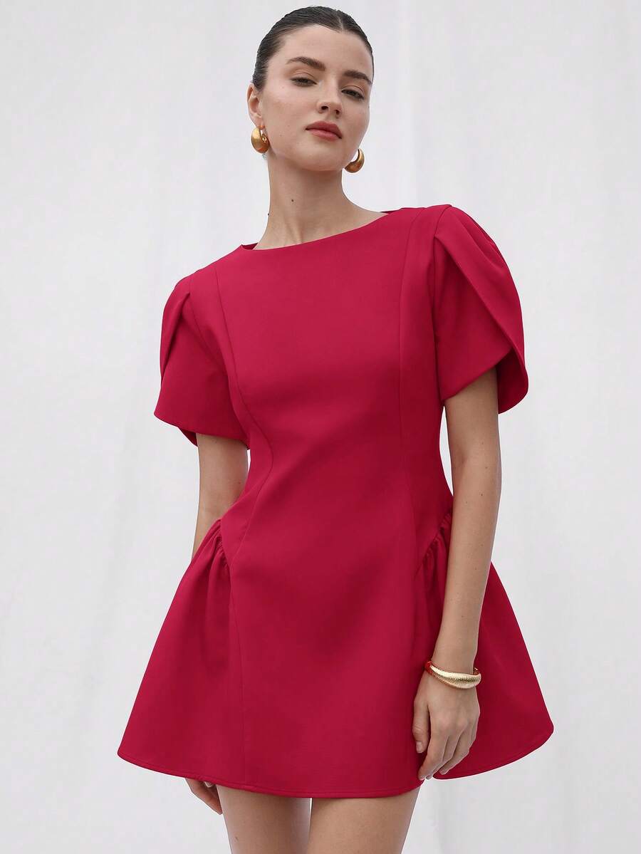 BELROSIE Italian Style Tulip 3D Short Sleeve Round Neck Peplum Hem Split Skirt Women Short Princess Dress - Red - View 1