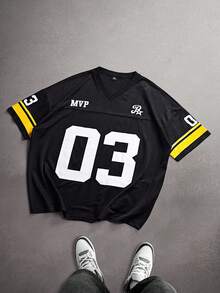 STYNVO 男士休闲数字印花V领撞色T恤，夏季 - 黑色 - 查看 1