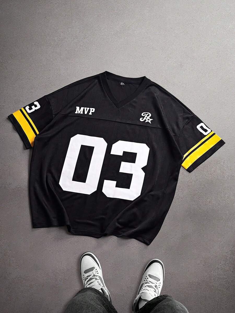 STYNVO 男士休闲数字印花V领撞色T恤，夏季 - 黑色 - 查看 1