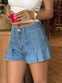 Sunnyshic Women's Pleated Pocket Button Casual Versatile Daily Wear Denim Shorts - Blue - View 3