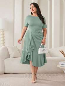 Modelyn Vestido elegante de unicolor con volantes en el bajo, talla grande, para verano - Verde - Ver 4