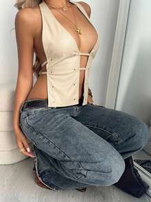 Aloruh Top sin espalda de verano casual para mujer con detalle de remaches en el cuello halter - Beis - Ver 5