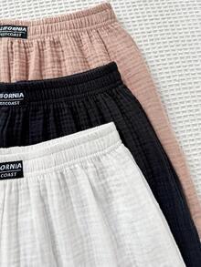 Sparklyn 3件套少女宽松休闲舒适多色纹理褶皱字母腰阔腿短裤，适合日常通勤、休闲、度假、旅行、海滩、家庭穿着 - 彩色 - 查看 5