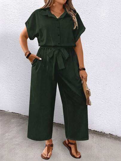 EMERY ROSE Women's Plus Size Solid Color Short Sleeve Lapel Belted Pockets Casual Jumpsuit