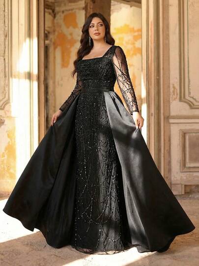 Aureia 大码优雅奢华黑色方领长袖连衣裙，饰以珍珠和水钻，适合婚礼、派对、庆典、正式晚宴及其他场合。