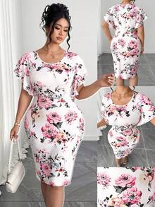 Elenzga Plus Size Elegant Floral Print Fitted Bodycon Dress, Ruffle Sleeve Design, Suitable For Daily Commute, Outing, Party And Vacation - Multicolor - View 1