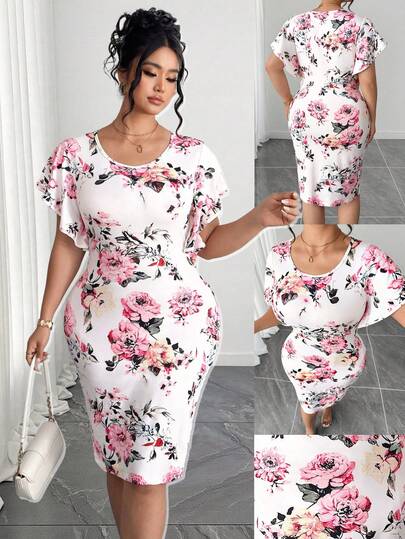 Elenzga 大码优雅印花修身连衣裙，荷叶边袖设计，适合日常通勤、外出、派对和度假。