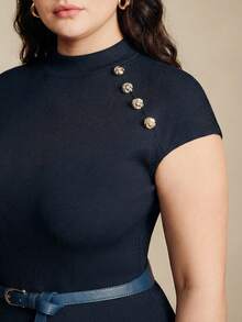 Anewsta New Elegant Round Neck Cap Sleeve Knit Patchwork Flared Waist Dress With Belt, Plus Size - Navy Blue - View 2