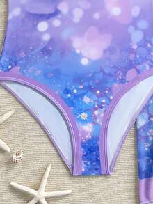 Young Women One-Piece Swimsuit, Teenage Girls Two Pieces Swimwear With Bow Tie, Digital Print Skirt, Beach Party Holiday Swimming Suit - Purple - View 3