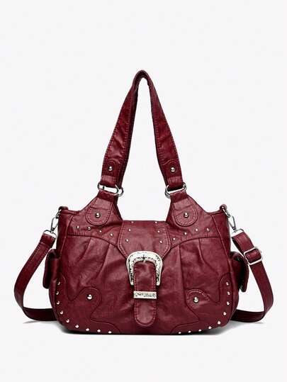 Viva Strut 女士复古单肩包，流浪包，银色大号五金扣，酒红色仿皮，时尚，个性，简约，百搭，街头风，甜美酷女孩，性感女孩，Y2K，复古，铆钉，日常、购物、音乐节适用