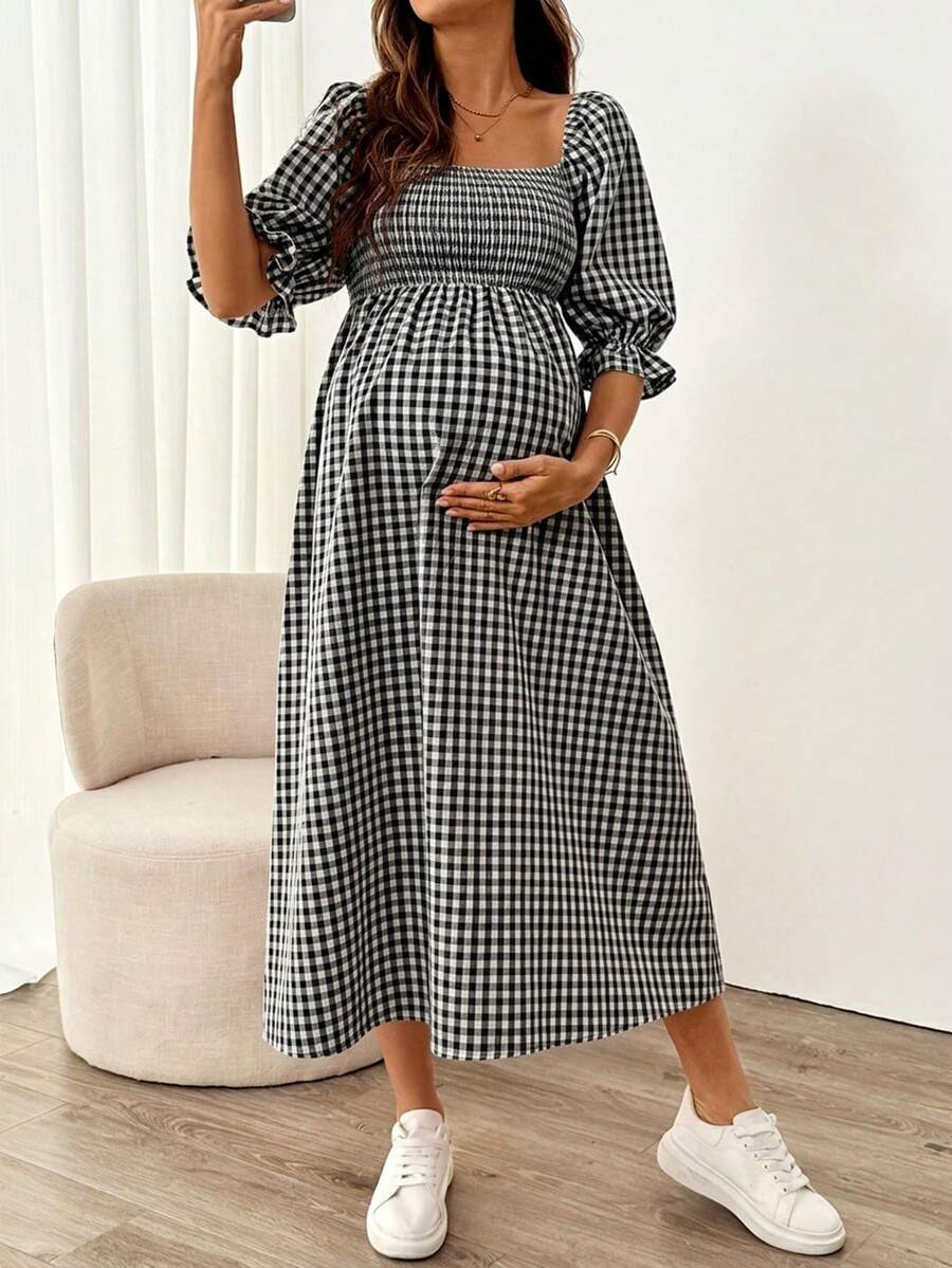 SHEIN Đầm bầu kiểu vintage giản dị, phong cách nghỉ dưỡng, cổ vuông, tay bồng, in họa tiết, thích hợp cho mùa xuân/hè/thu. - Đen và trắng - Xem 1