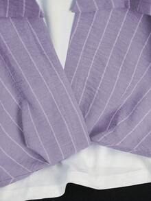 Franclia Women's Striped Cold Shoulder 2 In 1 T-Shirt, Summer Outfit - Mauve Purple - View 5