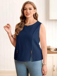 EMERY ROSE Plus Size Women's Casual White Round Neck Sleeveless Short Shirt Blouse, Comfortable Button Front Split Design, Spring/Summer - Navy Blue - View 4