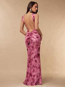 Silquee 女士露背丝质植绒印花连衣裙，春夏款 - 紫色 - 查看 4