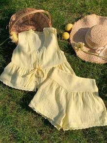 Comfortcana Set casual da donna a 2 pezzi estivo con top senza maniche a tinta unita con annodatura frontale e orlo arricciato e pantaloncini, outfit estivi per donne - Giallo - Visualizzare 8
