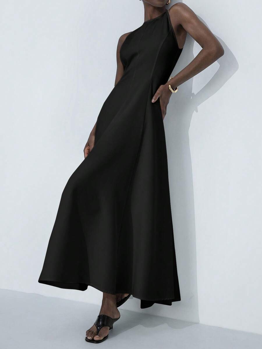 Aveloria Modichic Elegant Round Neck Sleeveless Oblique Shoulder Cinched Waist Exaggerated Pleated Ruffle Maxi A-Line Dress For Commuting - Black - View 1