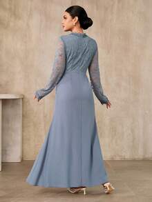 Graceveil Robe longue pour femmes avec col montant, patchwork en dentelle et taille cintrée - Bleu gris - Voir 5