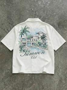 SUMWON Camisa de manga corta con botones y estampado tropical de villas, palmeras y arquitectura para vacaciones de verano, gráfico de club, blanca, informal para hombre - Blanco - Ver 1